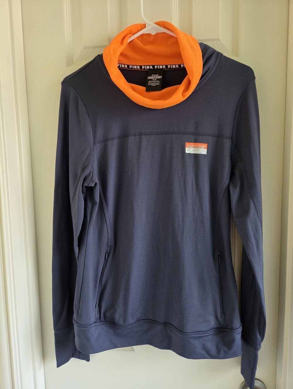 VS PINK Ultimate Cowl Neck‎ Pullover Navy Blue Neon Orange Sweatshirt Medium M